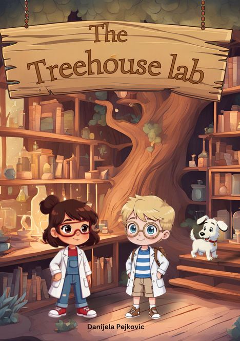 "The Treehouse Lab" steht auf einem hölzernen Schild. Zwei Kinder in Laborkitteln und ein Hund sind in einem Baumhauslabor.
