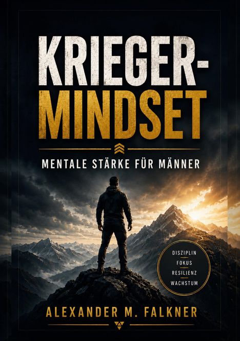 "Krieger-Mindset: Mentale Stärke für Männer" von Alexander M. Falkner. Person steht auf einem Berggipfel bei Sonnenaufgang.