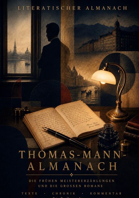 „Thomas-Mann-Almanach“ oben. Offenes Buch, Stift, Tintenfass, Lampe. Stadtansicht mit Wasser und Gondeln im Hintergrund.