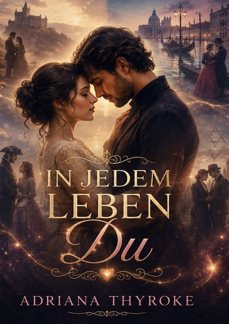 Romantische Szene: Ein Paar steht sich nah, umgeben von historischen Szenerien. Text: "IN JEDEM LEBEN DU" von Adriana Thyroke.