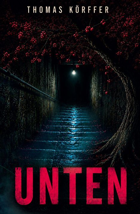 Text oben: "Thomas Körffer". 
Text unten: "UNTEN".
Szenerie: Eine dunkle Treppe, umgeben von roten Beeren an Zweigen.