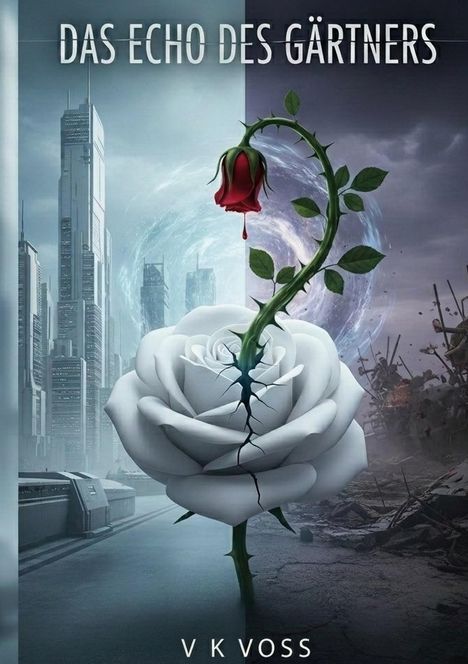 „Das Echo des Gärtners“. Eine große weiße Rose mit einer roten Spitze, die aus einem futuristischen und zerstörten Hintergrund ragt.