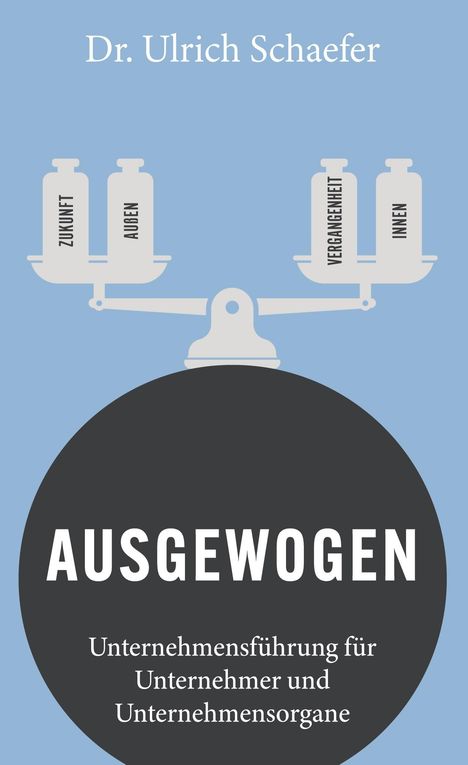 „Dr. Ulrich Schaefer“, „AUSGEWOGEN“, „Unternehmensführung für Unternehmer und Unternehmensorgane“. Illustration: Waage.