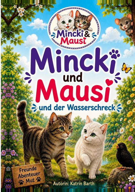 "Mincki & Mausi", "Mincki und Mausi und der Wasserschreck", "Freunde Abenteuer Mut", Autorin: Katrin Barth. Zwei Katzen, Natur.