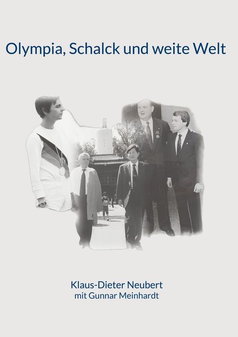 „Olympia, Schalck und weite Welt.“ Schwarz-weiße Fotocollage mit Personen in Anzügen und einem Sportler.