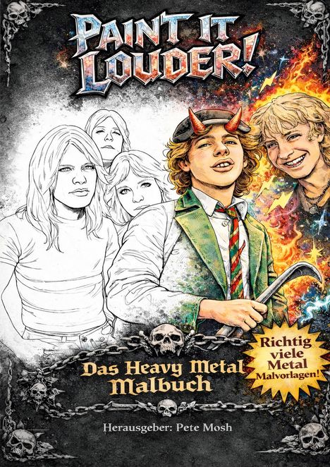 "Paint It Louder! Das Heavy Metal Malbuch. Richtig viele Metal Malvorlagen! Herausgeber: Pete Mosh." Oben Zeichnungen, teils farbig.