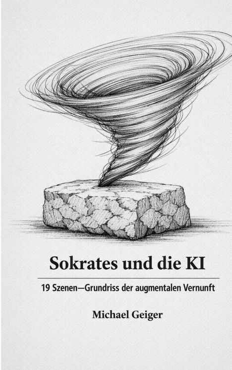 "Sokrates und die KI. 19 Szenen—Grundriss der augmentalen Vernunft. Michael Geiger." Illustration: ein Wirbel auf einem Stein.