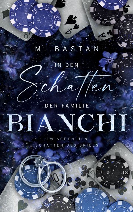 Der Text lautet: "M. Bastan In den Schatten der Familie Bianchi. Zwischen den Schatten des Spiels." Spielkarten und Pokerchips sind zu sehen.