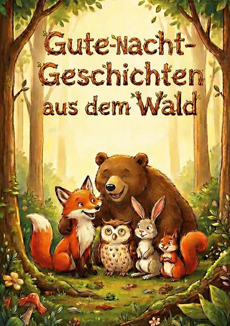 "Gute-Nacht-Geschichten aus dem Wald" in verschnörkelter Schrift. Bär, Fuchs, Eule, Hase und Eichhörnchen sitzen freundlich zusammen.