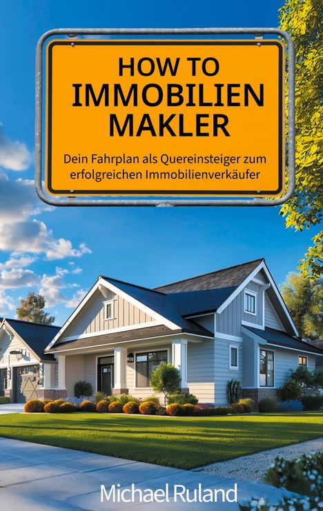 "HOW TO IMMOBILIENMAKLER. Dein Fahrplan als Quereinsteiger zum erfolgreichen Immobilienverkäufer." Ein Haus im Hintergrund.