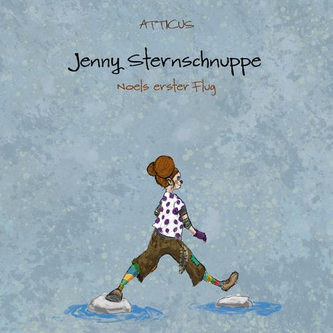 ATTICUS. Jenny Sternschnuppe: Noels erster Flug. Eine Person in bunter Kleidung springt über Steine im Wasser.