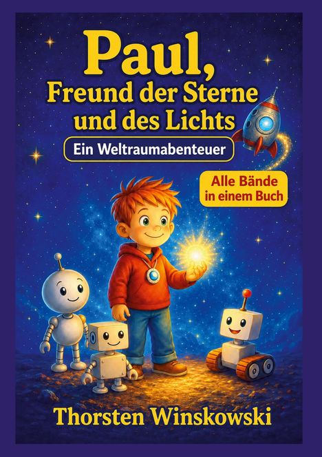 "Paul, Freund der Sterne und des Lichts. Alle Bände in einem Buch." Ein Junge mit drei Robotern, umgeben von Sternen.