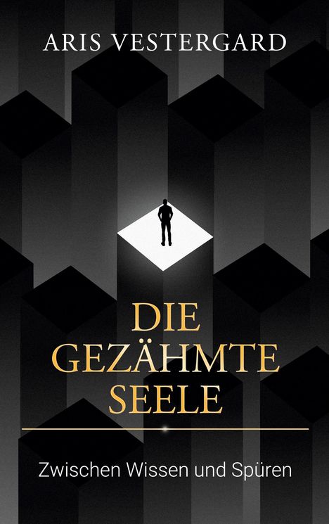 "ARIS VESTERGARD. DIE GEZÄHMTE SEELE. Zwischen Wissen und Spüren." Silhouette auf weißem Quadrat, dunkle geometrische Formen.