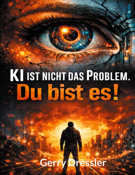 Text: „KI IST NICHT DAS PROBLEM. Du bist es! Gerry Dressler.“ Darunter ein Mann vor einer feurigen Stadtlandschaft.