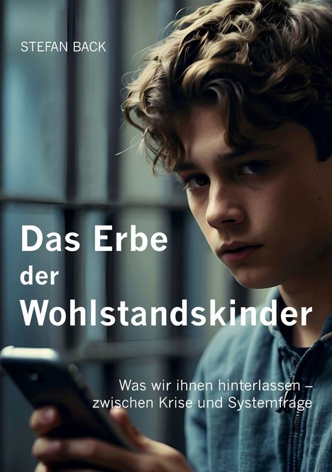 Titel: "Das Erbe der Wohlstandskinder". Junge mit ernstem Blick hält ein Smartphone.