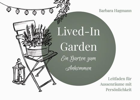 "Lived-In Garden" und andere Texte auf einem grünen Kreis, daneben eine Illustration eines Stuhls mit Pflanze.