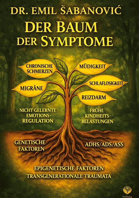 Illustration eines Baumes mit Wurzeln und Blättern, die Symptome und Ursachen psychischer Belastungen darstellen.