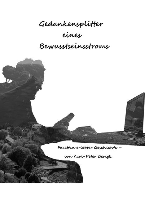 „Gedankensplitter eines Bewusstseinsstroms“. Silhouette eines Menschen mit Laptop; Landschaft im Hintergrund.