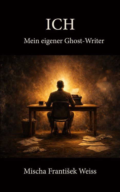 "ICH. Mein eigener Ghost-Writer. Mischa František Weiss." 

Eine Illustration: Ein Mann sitzt vor einer Schreibmaschine.
