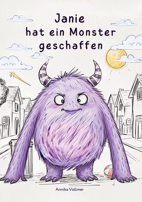 Text: „Janie hat ein Monster geschaffen“. Illustration: Ein lila, freundliches Monster in einer Straßenszene mit Häusern.