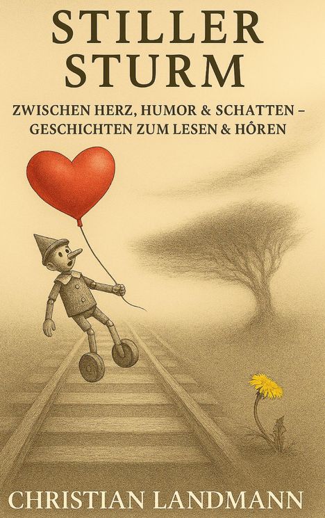 „STILLER STURM - Zwischen Herz, Humor & Schatten - Geschichten zum Lesen & Hören - Christian Landmann“. Zeichnung: Figur mit Herzluftballon auf Schienen.