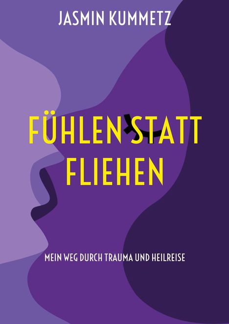 "Fühlen statt Fliehen" in gelb. Abstrakte lila Formen, dynamisch angeordnet, zeigen Profile zweier Gesichter.