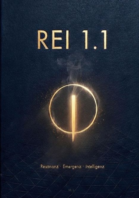 "REI 1.1" und "Resonanz · Emergenz · Intelligenz" in goldener Schrift auf dunklem Hintergrund, mit goldenem Kreis.