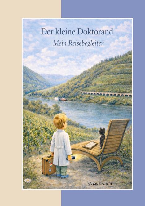 Der kleine Doktorand - Mein Reisebegleiter. Illustration: Kind mit Koffer steht vor einem Fluss, Katze sitzt auf einer Bank.