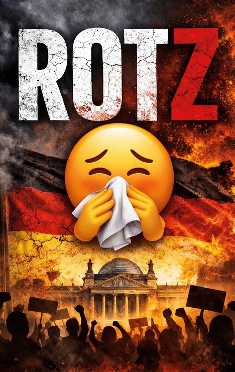 Text "ROTZ". Ein trauriges Emoji mit Taschentuch vor Flammen und einer protestierenden Menge vor einem historischen Gebäude.