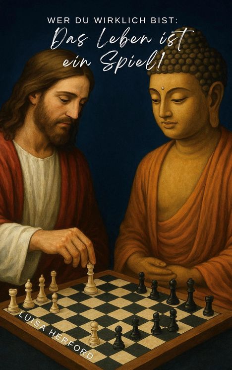 "Wer du wirklich bist: Das Leben ist ein Spiel!" Zwei Figuren, eine in rotem Gewand, die andere in orange, spielen Schach.