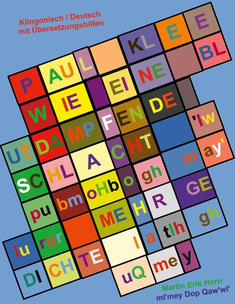 Klingonisch / Deutsch mit Übersetzungshilfen. Bunte Quadrate mit verschiedenen Buchstaben und Wörtern in einem Raster.
