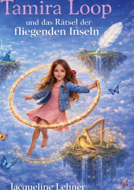 „Tamira Loop und das Rätsel der fliegenden Inseln“ zeigt ein Mädchen in einem magischen Ring über Wolken und Inseln.