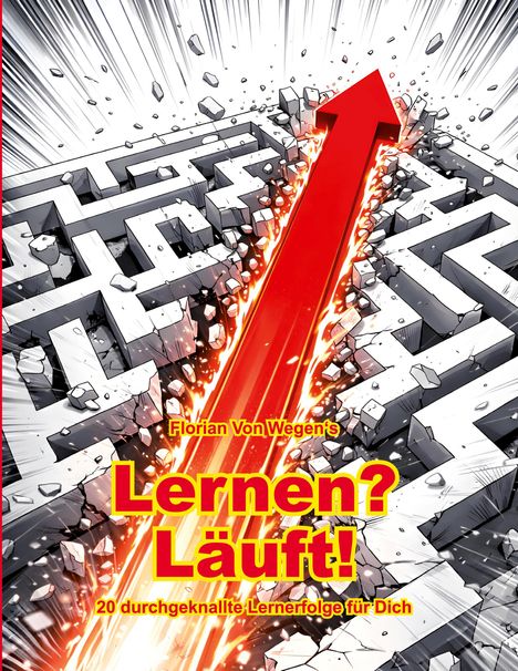 Text: „Florian Von Wegen's Lernen? Läuft! 20 durchgeknallte Lernerfolge für Dich.“  
Eine Illustration mit rotem Pfeil durch ein Labyrinth.