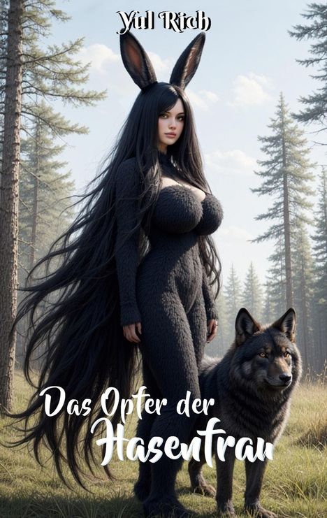 "Yül Rich. Das Opfer der Hasenfrau." Eine Frau in einem schwarzen Anzug mit Hasenohren steht im Wald neben einem Wolf.