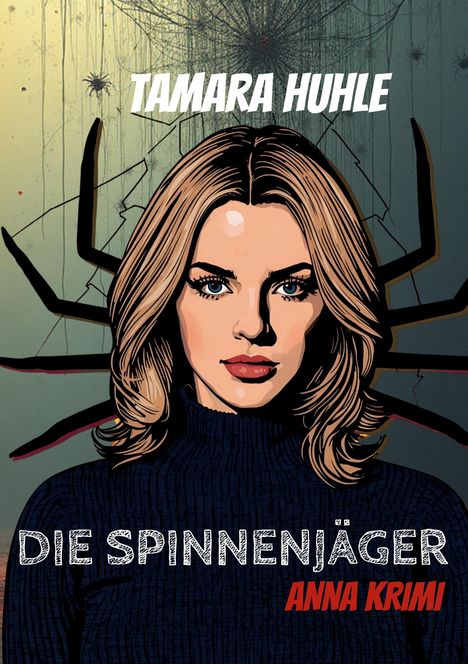 "TAMARA HUHLE. DIE SPINNENJÄGER. ANNA KRIMI." Eine Frau mit blonden Haaren, im Hintergrund Spinnenbeine.