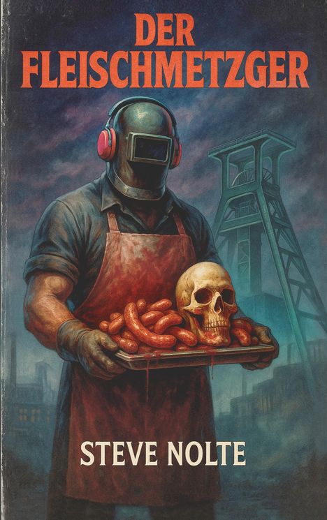 "DER FLEISCHMETZGER" und "STEVE NOLTE". Illustration: Figur mit Schürze, hält Tablett mit Würsten und einem Schädel.