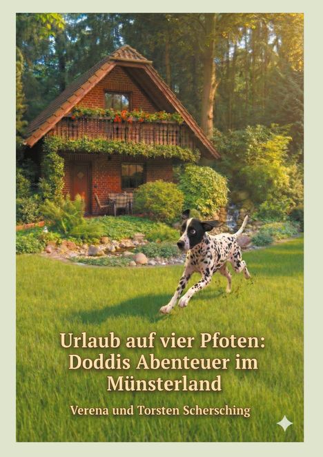 Ein Dalmatiner läuft über eine Wiese, im Hintergrund ein gemütliches, mit Pflanzen umgebenes Holzhaus.