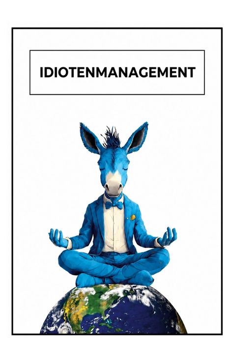 Text: "IDIOTENMANAGEMENT". Illustration: Ein blauer Esel im Anzug sitzt meditierend auf einer Erdkugel.