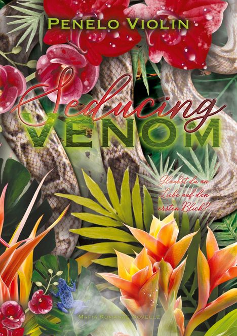 Text oben: "Penelo Violin". Dominante rote Blumen und tropische Pflanzen sind sichtbar. Schlangen-Details im Hintergrund.