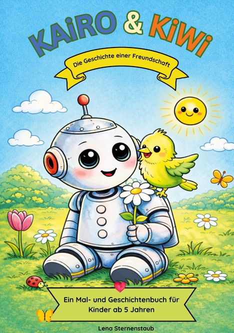 Titel: "KAIRO & KIWI"
Untertitel: "Die Geschichte einer Freundschaft"
Malbuch ab 5 Jahre. 

Illustration: Fröhlicher Roboter mit Vogel auf einer Blumenwiese unter strahlender Sonne.