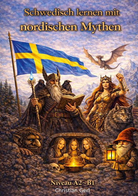 „Schwedisch lernen mit nordischen Mythen“, „Niveau A2~B1“, „Christian Gerl“. Illustration mit nordischen Figuren und Drachen.
