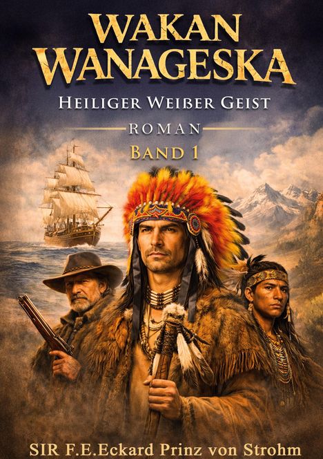 "Wakan Wanageska - Heiliger Weißer Geist, Roman, Band 1" zeigt drei Männer in traditioneller Kleidung, ein Schiff und Berge.