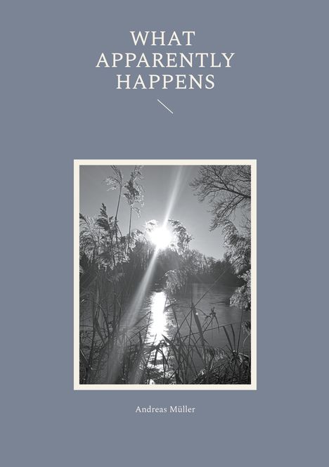 "What Apparently Happens" und "Andreas Müller". Schwarzweißfoto: Sonnenstrahlen über einem See und Schilf.