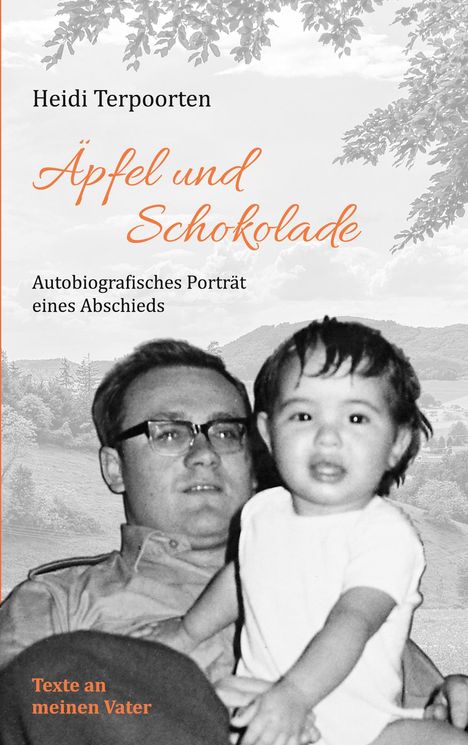 "Heidi Terpoorten, Äpfel und Schokolade, Autobiografisches Porträt eines Abschieds, Texte an meinen Vater." Schwarz-weißes Foto eines Mannes mit Kind vor Landschaftshintergrund.