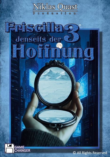 "Friscilla 3: Jenseits der Hoffnung" steht in blauer Schrift vor einer Stadtlandschaft bei Nacht mit Vollmond.