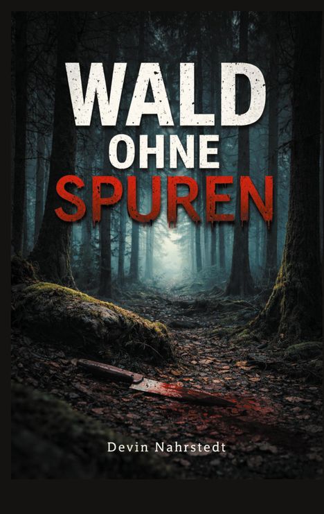 "WALD OHNE SPUREN" steht oben. Ein dunkler Waldweg mit einem blutigen Messer zeigt eine mysteriöse Stimmung.