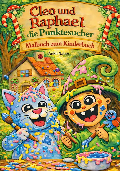 Titel: "Cleo und Raphael die Punktesucher"  
Illustration einer Katze und einem fröhlichen Kind mit Farbe.