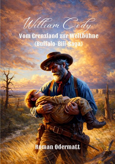 "William Cody. Vom Grenzland zur Weltbühne (Buffalo-Bill-Saga). Roman Odermatt." Ein Mann hält ein Kind, umgeben von Landschaft.
