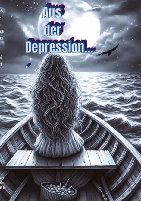 Text: "Aus der Depression...". Eine Person mit langen Haaren sitzt in einem Boot, schaut auf einen leuchtenden Vollmond.