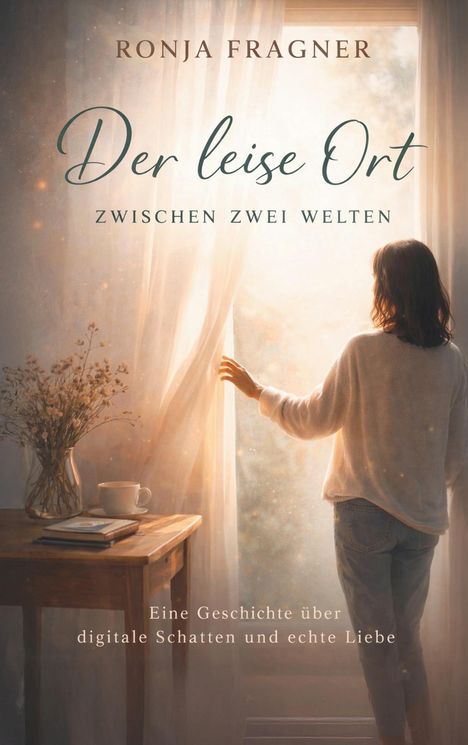 „Der leise Ort zwischen zwei Welten“. Frau blickt aus einem hellen Fenster. Tisch mit Blumen, Tasse und Buch.